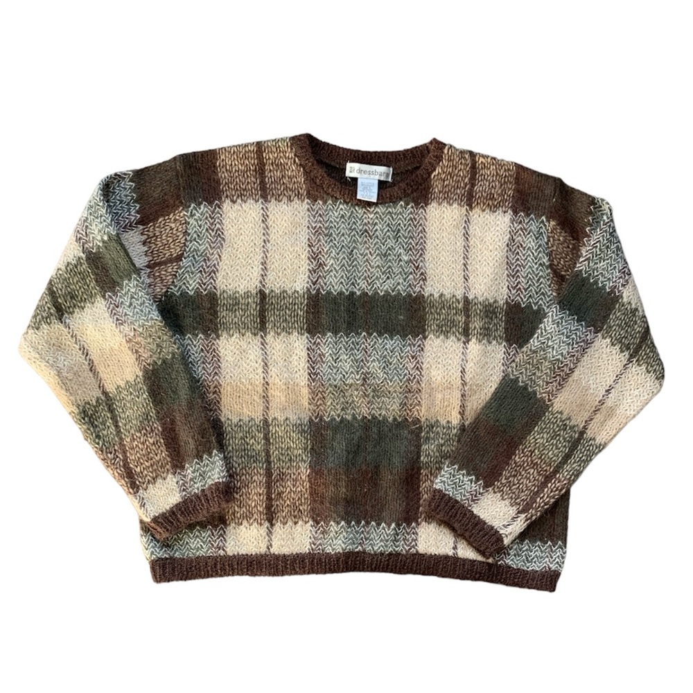 Vintage Dressbarn Brown, Tan & Green Mohair Blend Crop Crewneck Sweater L